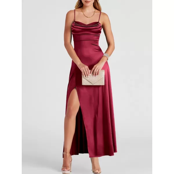 imageANRABESS Women Formal Satin Spaghetti Strap Cowl Neck Bodycon Slit Prom Cocktail Maxi Dress Evening PartyBurgundy