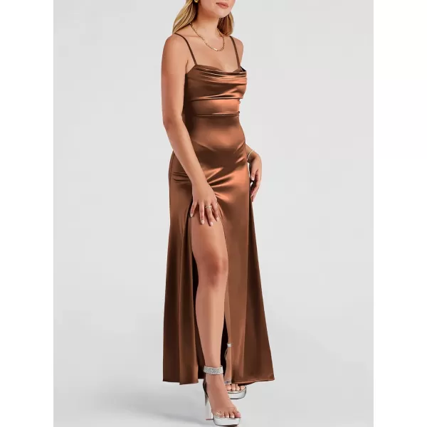 imageANRABESS Women Formal Satin Spaghetti Strap Cowl Neck Bodycon Slit Prom Cocktail Maxi Dress Evening PartyCaramel
