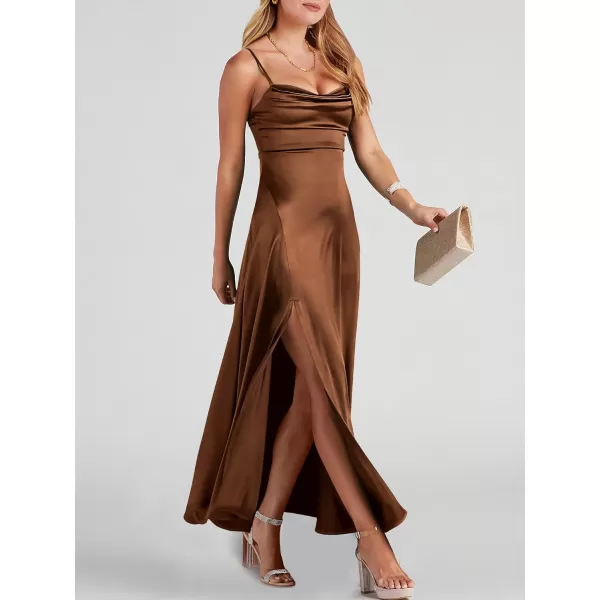 imageANRABESS Women Formal Satin Spaghetti Strap Cowl Neck Bodycon Slit Prom Cocktail Maxi Dress Evening PartyCaramel