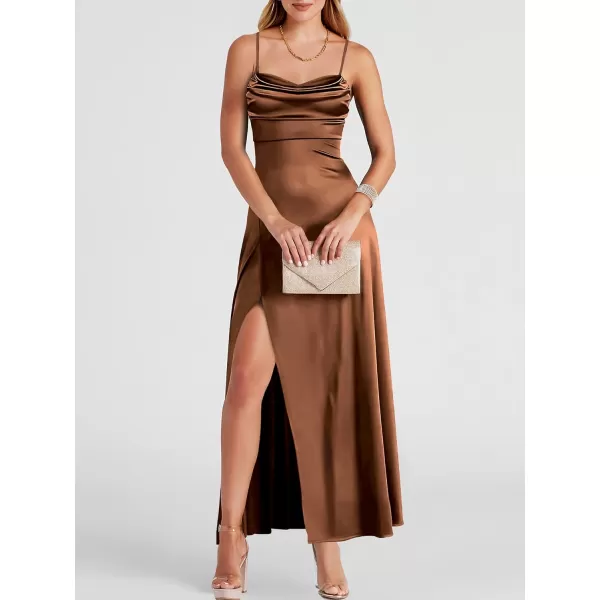 imageANRABESS Women Formal Satin Spaghetti Strap Cowl Neck Bodycon Slit Prom Cocktail Maxi Dress Evening PartyCaramel