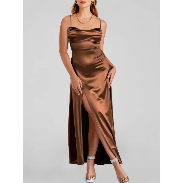 imageANRABESS Women Formal Satin Spaghetti Strap Cowl Neck Bodycon Slit Prom Cocktail Maxi Dress Evening PartyCaramel