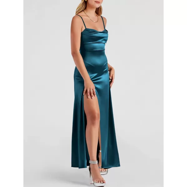 imageANRABESS Women Formal Satin Spaghetti Strap Cowl Neck Bodycon Slit Prom Cocktail Maxi Dress Evening PartyCyan Blue