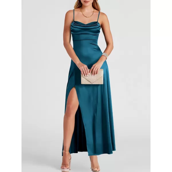 imageANRABESS Women Formal Satin Spaghetti Strap Cowl Neck Bodycon Slit Prom Cocktail Maxi Dress Evening PartyCyan Blue