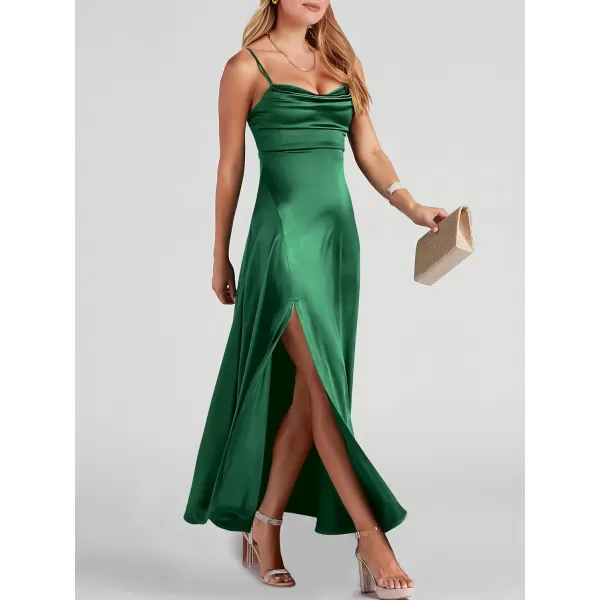 imageANRABESS Women Formal Satin Spaghetti Strap Cowl Neck Bodycon Slit Prom Cocktail Maxi Dress Evening PartyDark Green