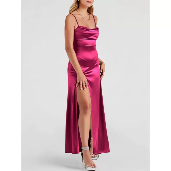 imageANRABESS Women Formal Satin Spaghetti Strap Cowl Neck Bodycon Slit Prom Cocktail Maxi Dress Evening PartyFuchsia
