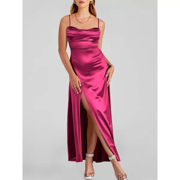 imageANRABESS Women Formal Satin Spaghetti Strap Cowl Neck Bodycon Slit Prom Cocktail Maxi Dress Evening PartyFuchsia