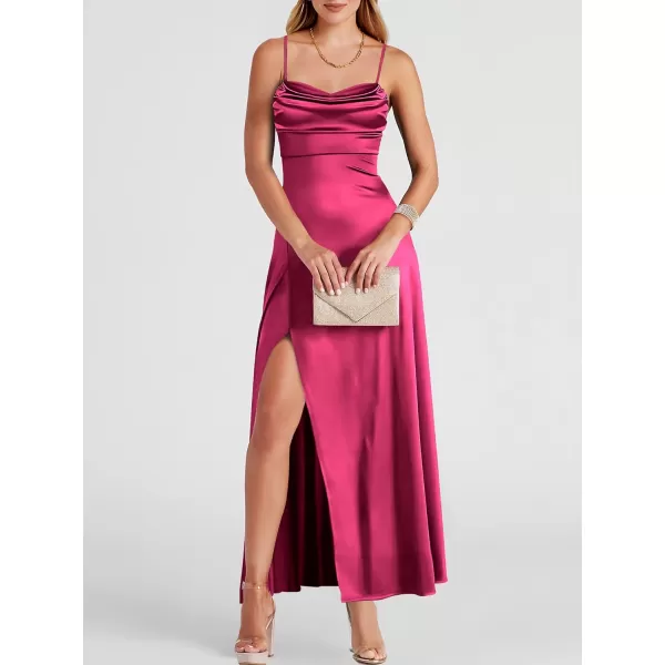 imageANRABESS Women Formal Satin Spaghetti Strap Cowl Neck Bodycon Slit Prom Cocktail Maxi Dress Evening PartyFuchsia