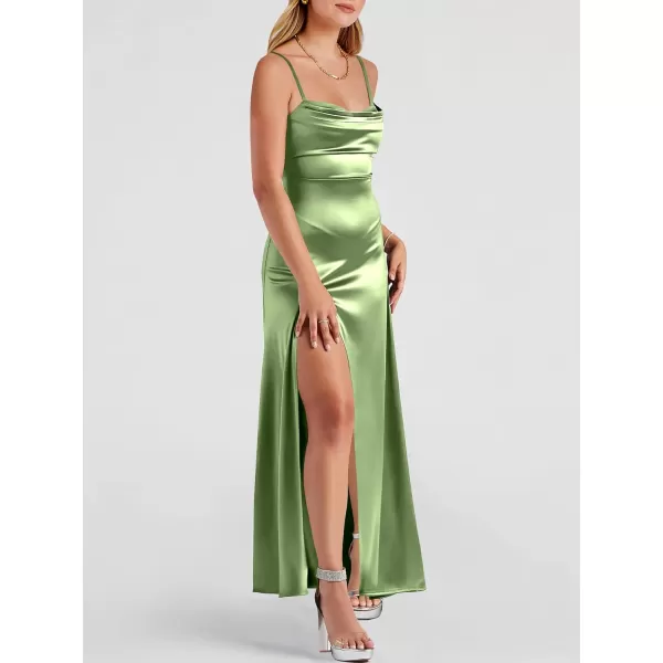 imageANRABESS Women Formal Satin Spaghetti Strap Cowl Neck Bodycon Slit Prom Cocktail Maxi Dress Evening PartyPea Green