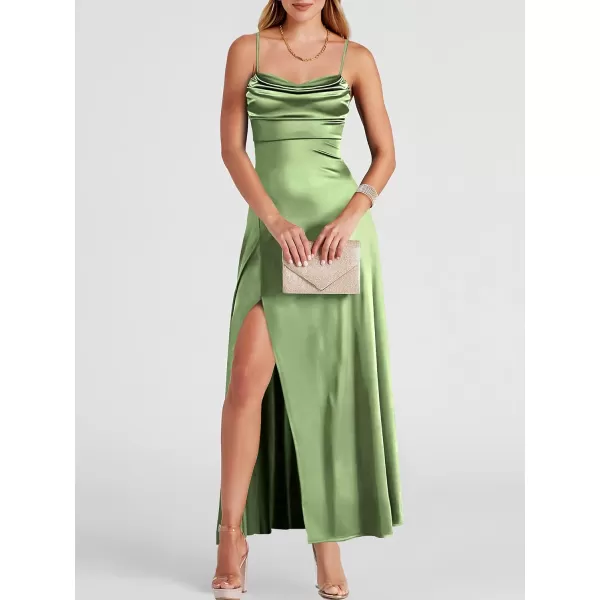 imageANRABESS Women Formal Satin Spaghetti Strap Cowl Neck Bodycon Slit Prom Cocktail Maxi Dress Evening PartyPea Green