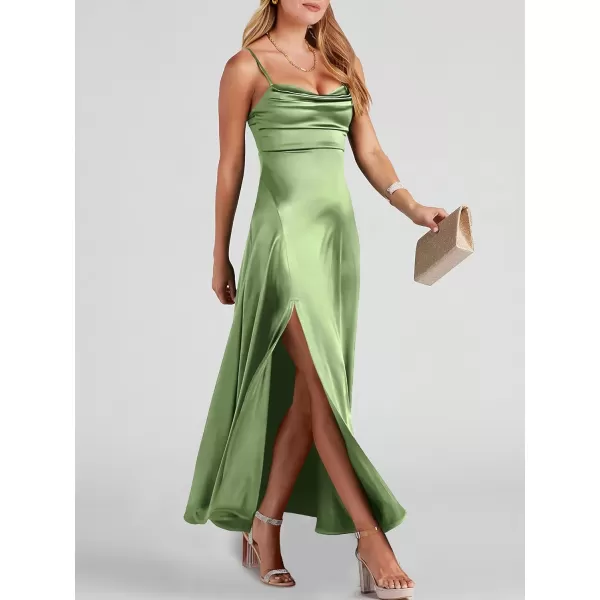 imageANRABESS Women Formal Satin Spaghetti Strap Cowl Neck Bodycon Slit Prom Cocktail Maxi Dress Evening PartyPea Green