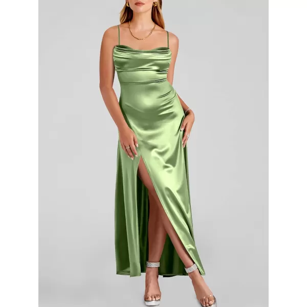 imageANRABESS Women Formal Satin Spaghetti Strap Cowl Neck Bodycon Slit Prom Cocktail Maxi Dress Evening PartyPea Green