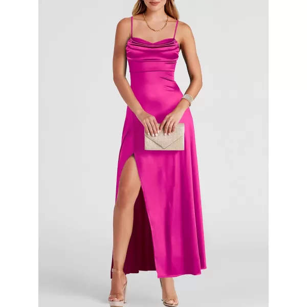 imageANRABESS Women Formal Satin Spaghetti Strap Cowl Neck Bodycon Slit Prom Cocktail Maxi Dress Evening PartyRose