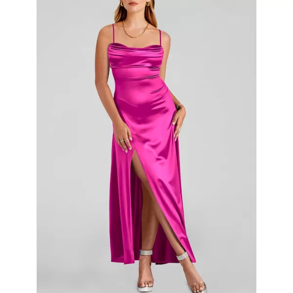 imageANRABESS Women Formal Satin Spaghetti Strap Cowl Neck Bodycon Slit Prom Cocktail Maxi Dress Evening PartyRose