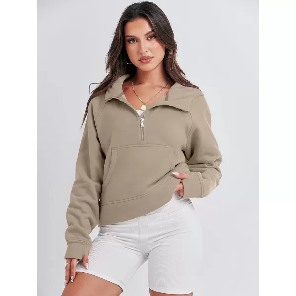 imageANRABESS Women Half Zip Cropped Hoodies Fleece Quarter Zip Up Pullover Sweatshirts Winter Clothes 2023 Outfits SweaterKhaki