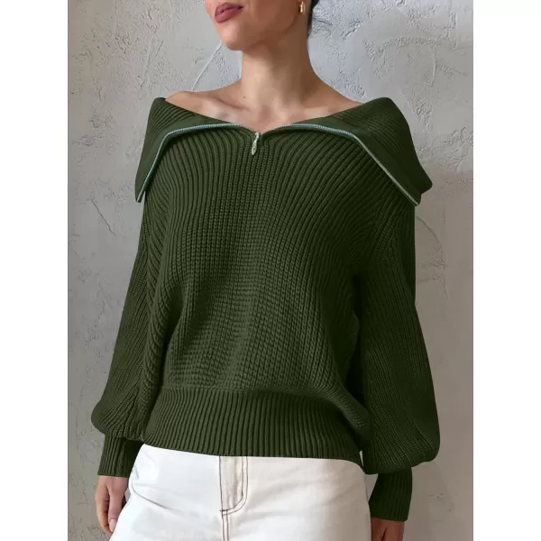 imageANRABESS Women Half Zip Cropped Sweater Long Puff Sleeve 2023 Winter Trendy Oversized Ribbed Knit Pullover Sweater TopArmy Green