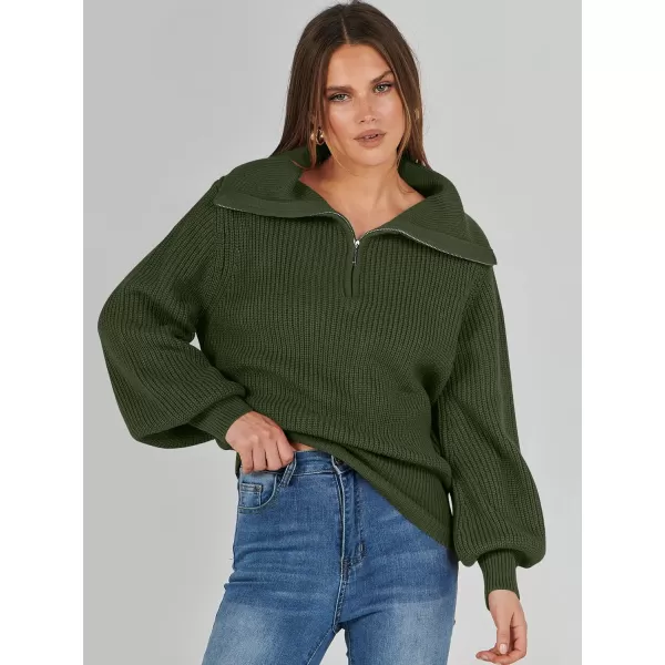 imageANRABESS Women Half Zip Cropped Sweater Long Puff Sleeve 2023 Winter Trendy Oversized Ribbed Knit Pullover Sweater TopArmy Green