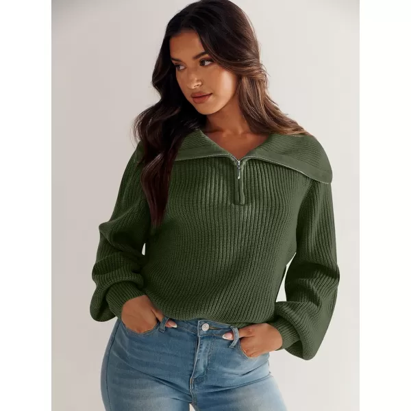 imageANRABESS Women Half Zip Cropped Sweater Long Puff Sleeve 2023 Winter Trendy Oversized Ribbed Knit Pullover Sweater TopArmy Green
