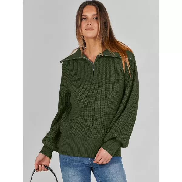 imageANRABESS Women Half Zip Cropped Sweater Long Puff Sleeve 2023 Winter Trendy Oversized Ribbed Knit Pullover Sweater TopArmy Green