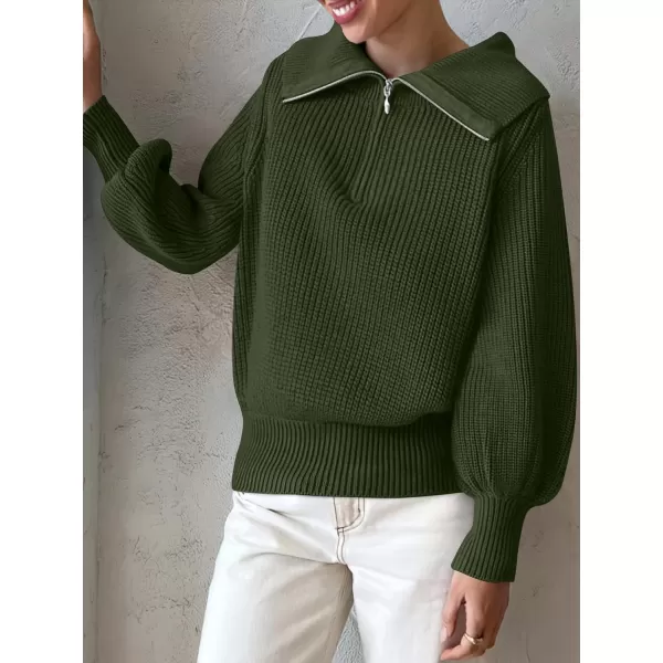 imageANRABESS Women Half Zip Cropped Sweater Long Puff Sleeve 2023 Winter Trendy Oversized Ribbed Knit Pullover Sweater TopArmy Green