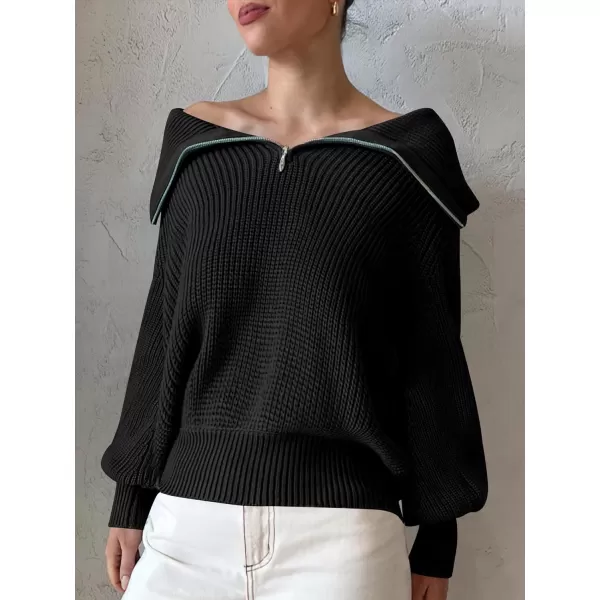 imageANRABESS Women Half Zip Cropped Sweater Long Puff Sleeve 2023 Winter Trendy Oversized Ribbed Knit Pullover Sweater TopBlack