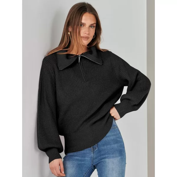 imageANRABESS Women Half Zip Cropped Sweater Long Puff Sleeve 2023 Winter Trendy Oversized Ribbed Knit Pullover Sweater TopBlack