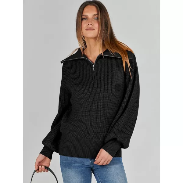 imageANRABESS Women Half Zip Cropped Sweater Long Puff Sleeve 2023 Winter Trendy Oversized Ribbed Knit Pullover Sweater TopBlack