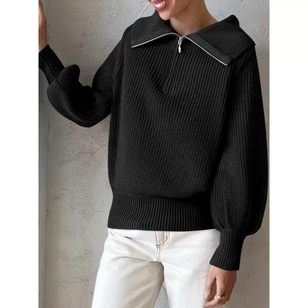 imageANRABESS Women Half Zip Cropped Sweater Long Puff Sleeve 2023 Winter Trendy Oversized Ribbed Knit Pullover Sweater TopBlack