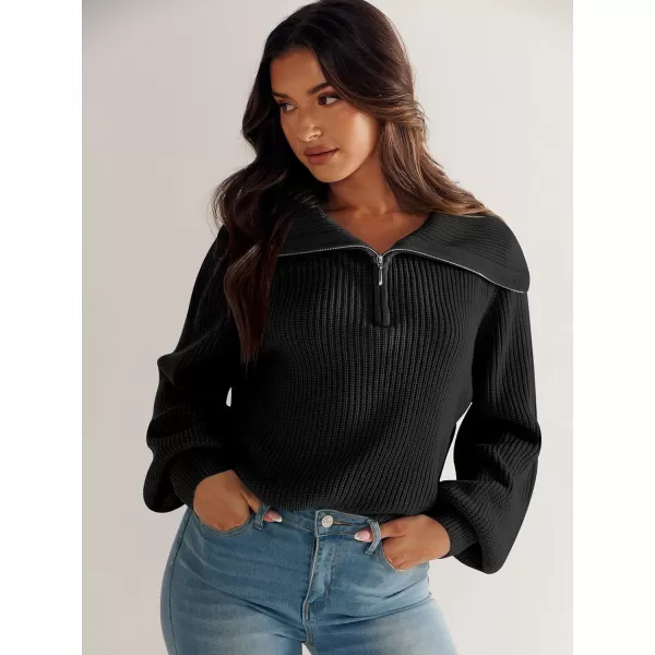 imageANRABESS Women Half Zip Cropped Sweater Long Puff Sleeve 2023 Winter Trendy Oversized Ribbed Knit Pullover Sweater TopBlack