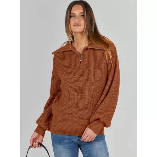 imageANRABESS Women Half Zip Cropped Sweater Long Puff Sleeve 2023 Winter Trendy Oversized Ribbed Knit Pullover Sweater TopRust