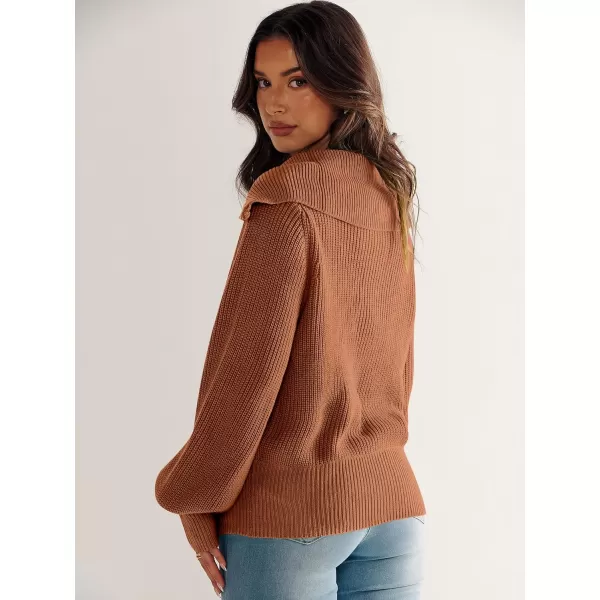 imageANRABESS Women Half Zip Cropped Sweater Long Puff Sleeve 2023 Winter Trendy Oversized Ribbed Knit Pullover Sweater TopRust