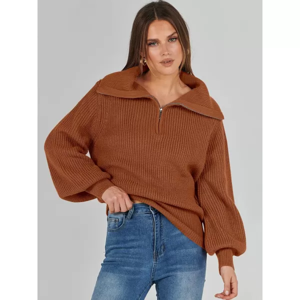 imageANRABESS Women Half Zip Cropped Sweater Long Puff Sleeve 2023 Winter Trendy Oversized Ribbed Knit Pullover Sweater TopRust