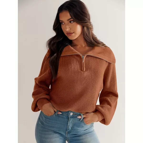 imageANRABESS Women Half Zip Cropped Sweater Long Puff Sleeve 2023 Winter Trendy Oversized Ribbed Knit Pullover Sweater TopRust