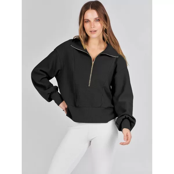imageANRABESS Women Half Zip Cropped Sweatshirt Casual Fleece Quarter Zip Up Rib Knit Pullover 2023 Fall ClothesBlack
