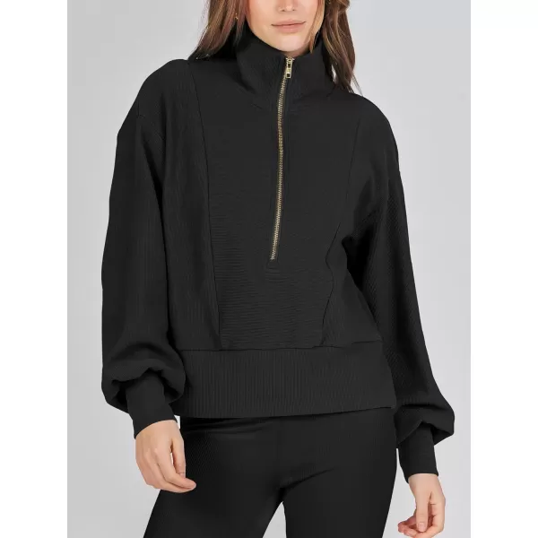 imageANRABESS Women Half Zip Cropped Sweatshirt Casual Fleece Quarter Zip Up Rib Knit Pullover 2023 Fall ClothesBlack