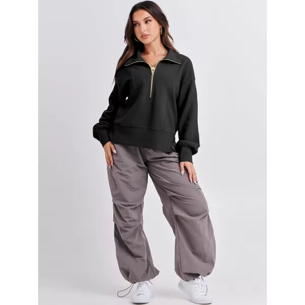 imageANRABESS Women Half Zip Cropped Sweatshirt Casual Fleece Quarter Zip Up Rib Knit Pullover 2023 Fall ClothesBlack