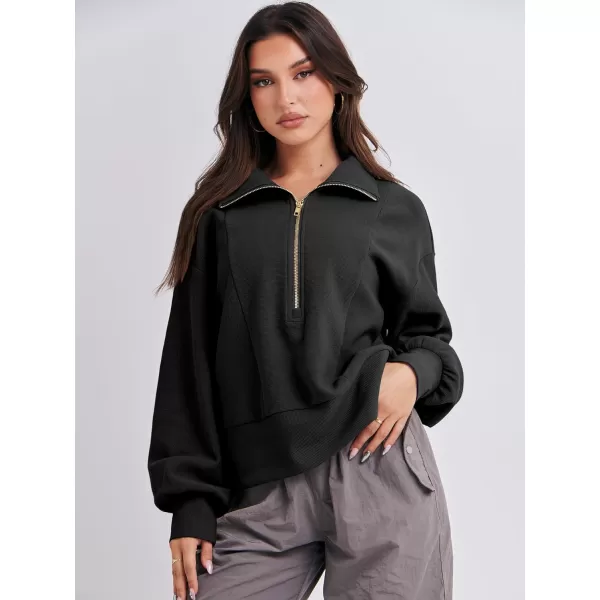 imageANRABESS Women Half Zip Cropped Sweatshirt Casual Fleece Quarter Zip Up Rib Knit Pullover 2023 Fall ClothesBlack