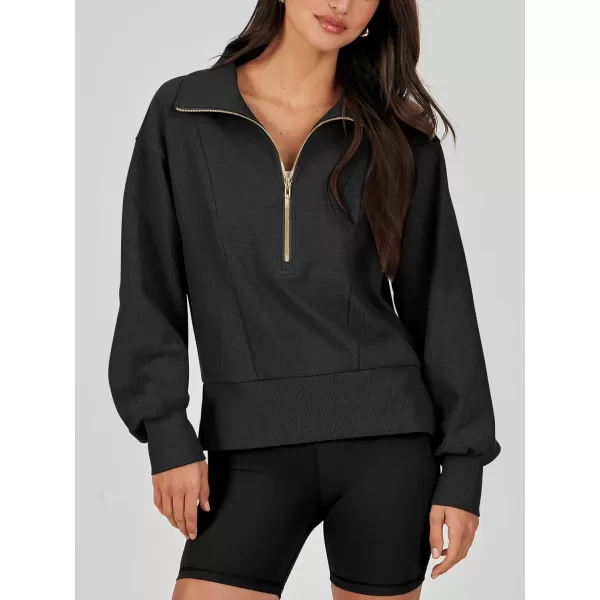 imageANRABESS Women Half Zip Cropped Sweatshirt Casual Fleece Quarter Zip Up Rib Knit Pullover 2023 Fall ClothesBlack