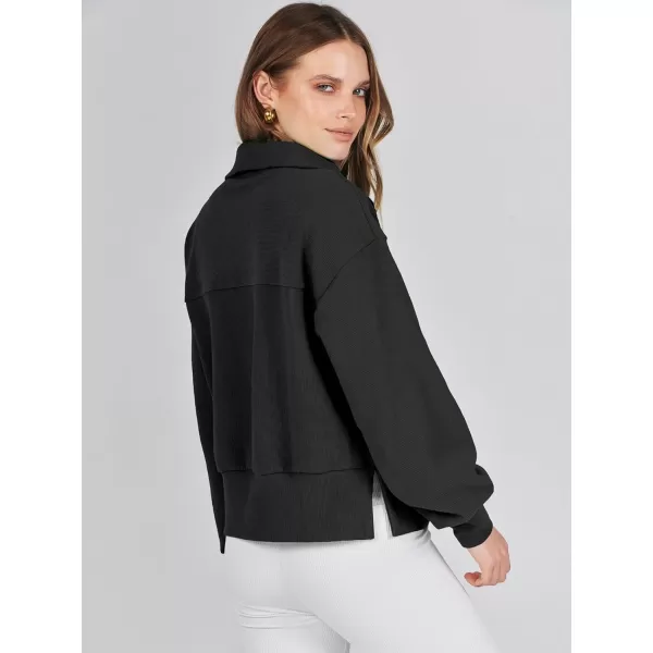 imageANRABESS Women Half Zip Cropped Sweatshirt Casual Fleece Quarter Zip Up Rib Knit Pullover 2023 Fall ClothesBlack