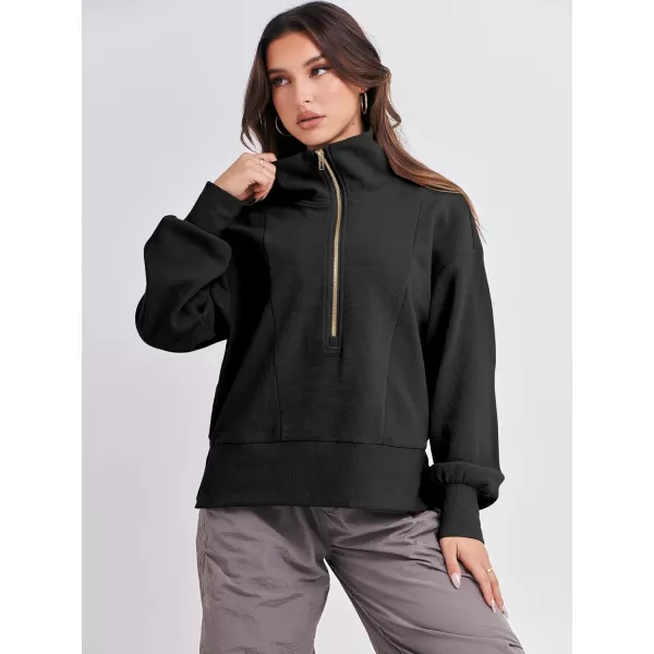 imageANRABESS Women Half Zip Cropped Sweatshirt Casual Fleece Quarter Zip Up Rib Knit Pullover 2023 Fall ClothesBlack
