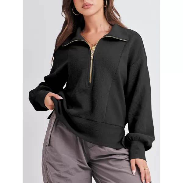 imageANRABESS Women Half Zip Cropped Sweatshirt Casual Fleece Quarter Zip Up Rib Knit Pullover 2023 Fall ClothesBlack