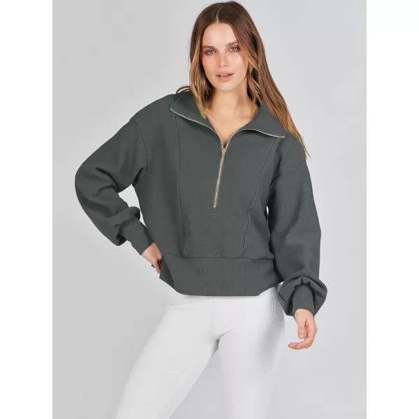 imageANRABESS Women Half Zip Cropped Sweatshirt Casual Fleece Quarter Zip Up Rib Knit Pullover 2023 Fall ClothesDeep Gray