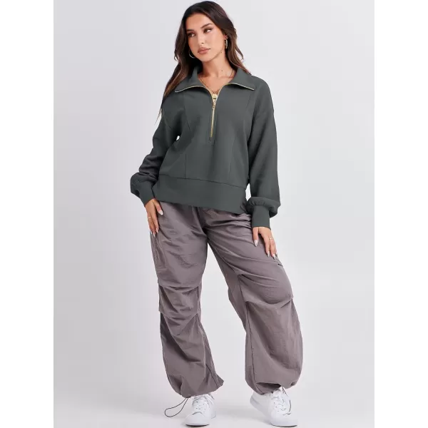 imageANRABESS Women Half Zip Cropped Sweatshirt Casual Fleece Quarter Zip Up Rib Knit Pullover 2023 Fall ClothesDeep Gray