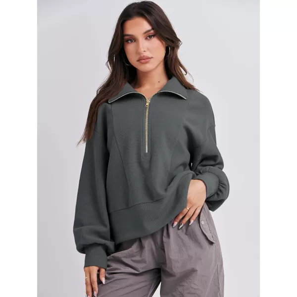 imageANRABESS Women Half Zip Cropped Sweatshirt Casual Fleece Quarter Zip Up Rib Knit Pullover 2023 Fall ClothesDeep Gray