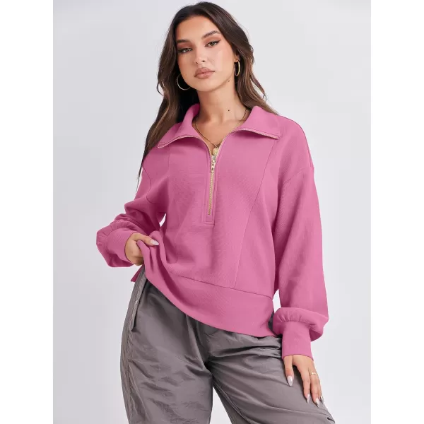 imageANRABESS Women Half Zip Cropped Sweatshirt Casual Fleece Quarter Zip Up Rib Knit Pullover 2023 Fall ClothesHot Pink