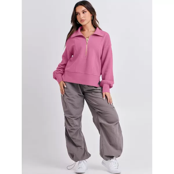 imageANRABESS Women Half Zip Cropped Sweatshirt Casual Fleece Quarter Zip Up Rib Knit Pullover 2023 Fall ClothesHot Pink