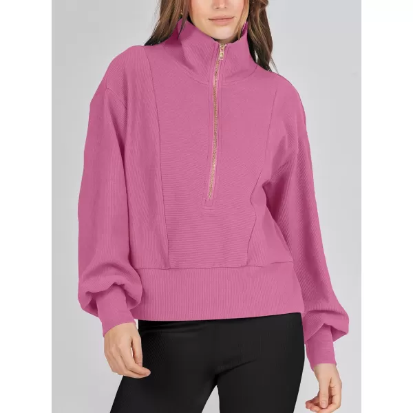 imageANRABESS Women Half Zip Cropped Sweatshirt Casual Fleece Quarter Zip Up Rib Knit Pullover 2023 Fall ClothesHot Pink