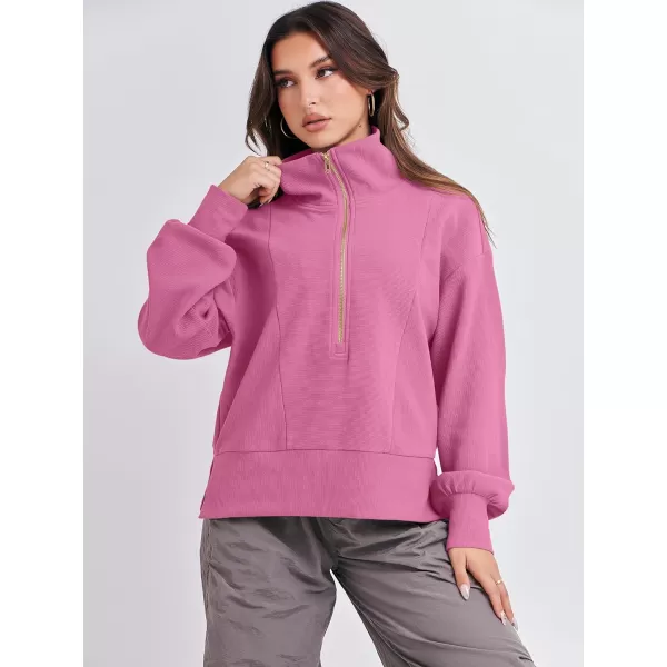 imageANRABESS Women Half Zip Cropped Sweatshirt Casual Fleece Quarter Zip Up Rib Knit Pullover 2023 Fall ClothesHot Pink