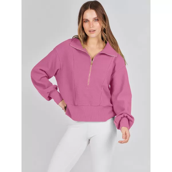 imageANRABESS Women Half Zip Cropped Sweatshirt Casual Fleece Quarter Zip Up Rib Knit Pullover 2023 Fall ClothesHot Pink
