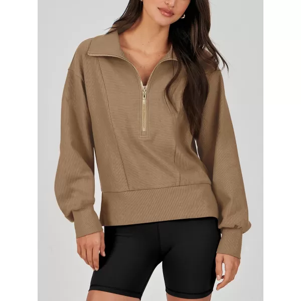 imageANRABESS Women Half Zip Cropped Sweatshirt Casual Fleece Quarter Zip Up Rib Knit Pullover 2023 Fall ClothesKhaki