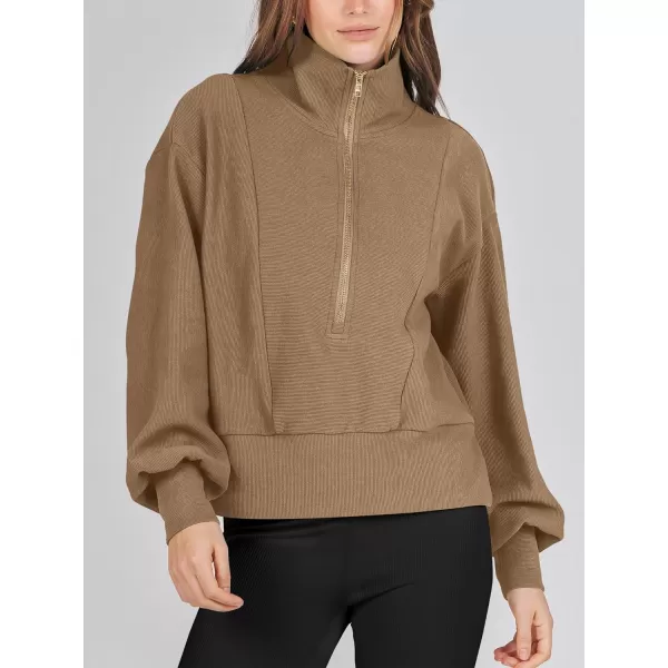 imageANRABESS Women Half Zip Cropped Sweatshirt Casual Fleece Quarter Zip Up Rib Knit Pullover 2023 Fall ClothesKhaki